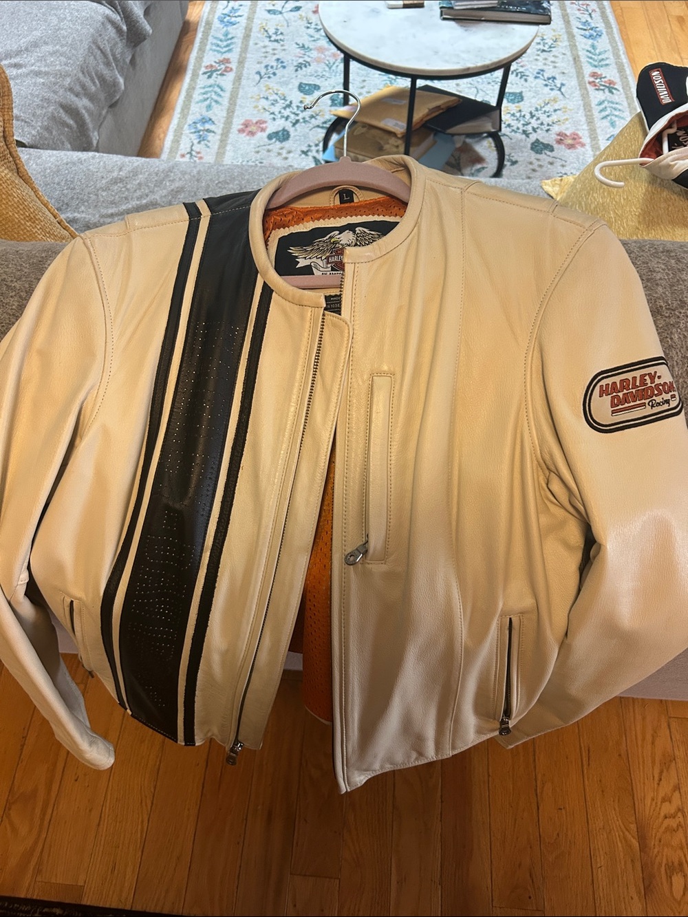Harley-Davidson Cream Leather Bomber Jacket with Black Racing Stripe